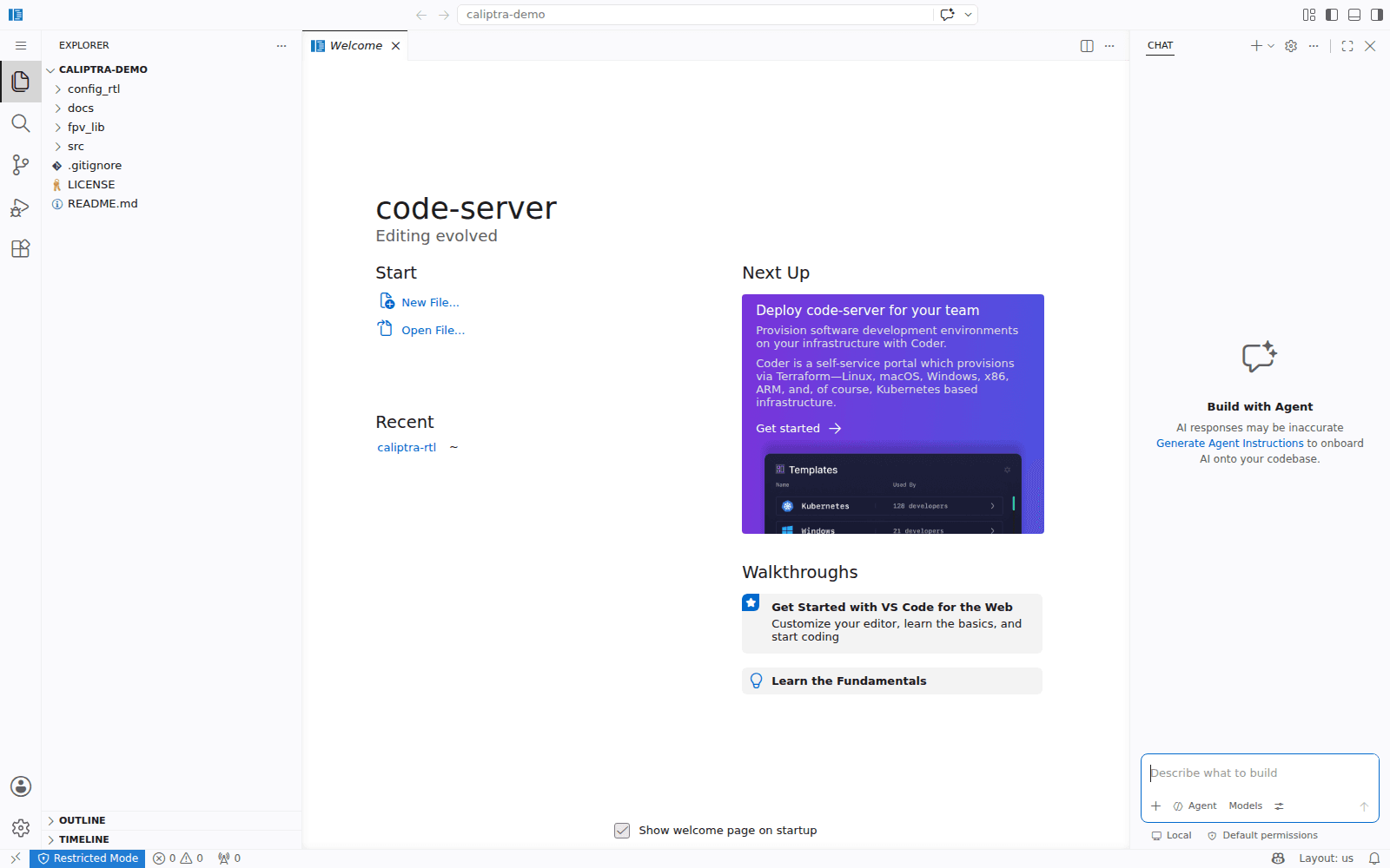 code-server after logging in, with the Caliptra tree open in the explorer