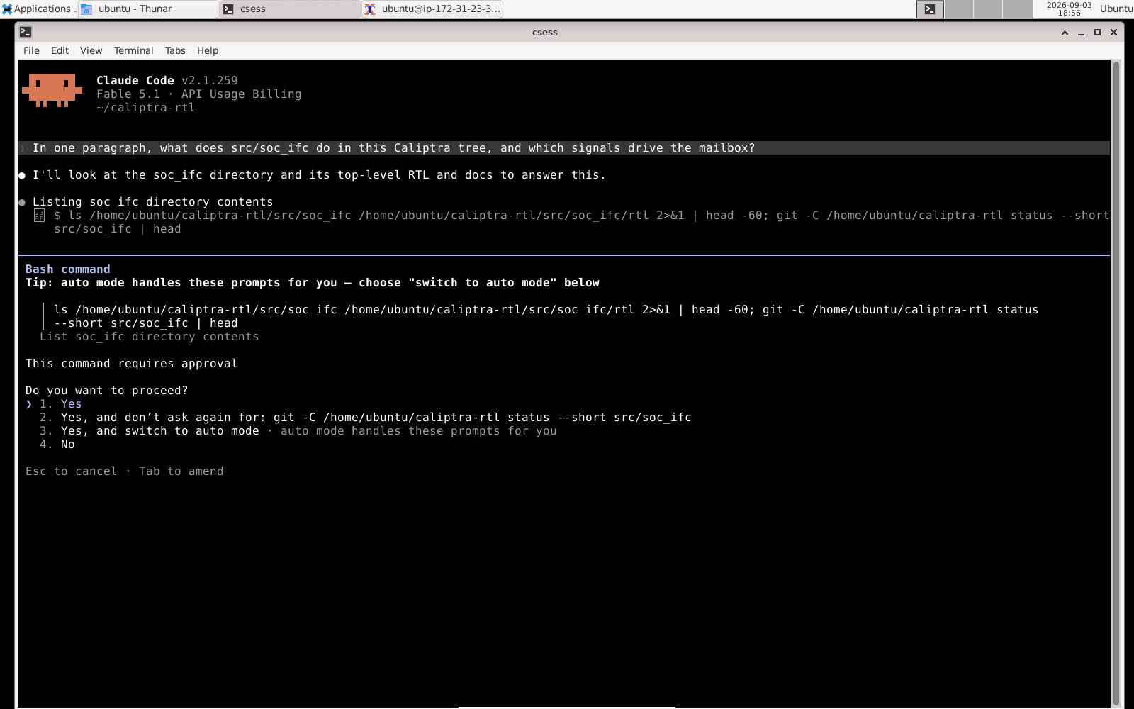 Claude Code pausing on a tool-approval prompt before running a shell command