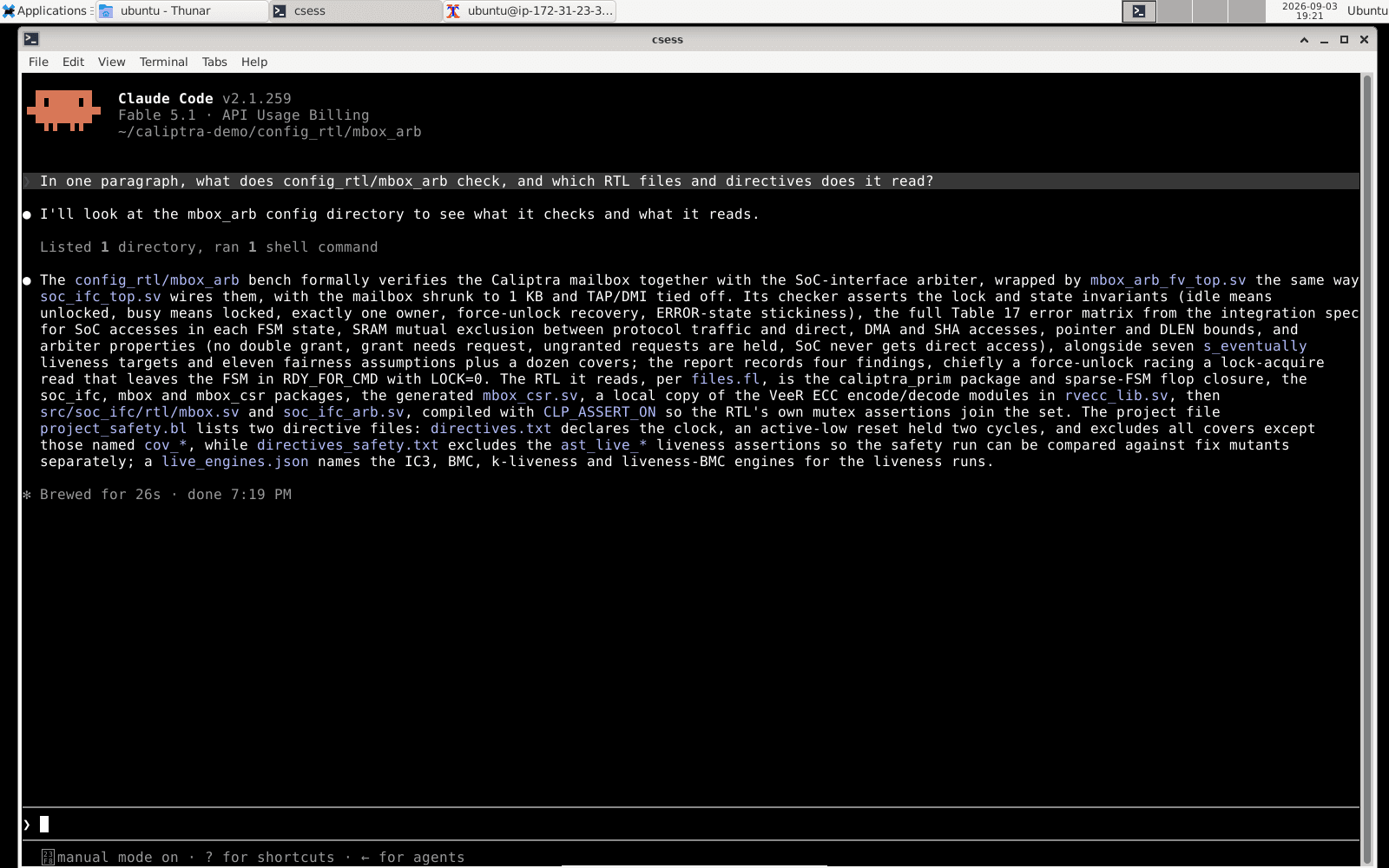 Claude Code answering from the real bench files: the wrapper, the checker, the file list, the two directive files and the engine config