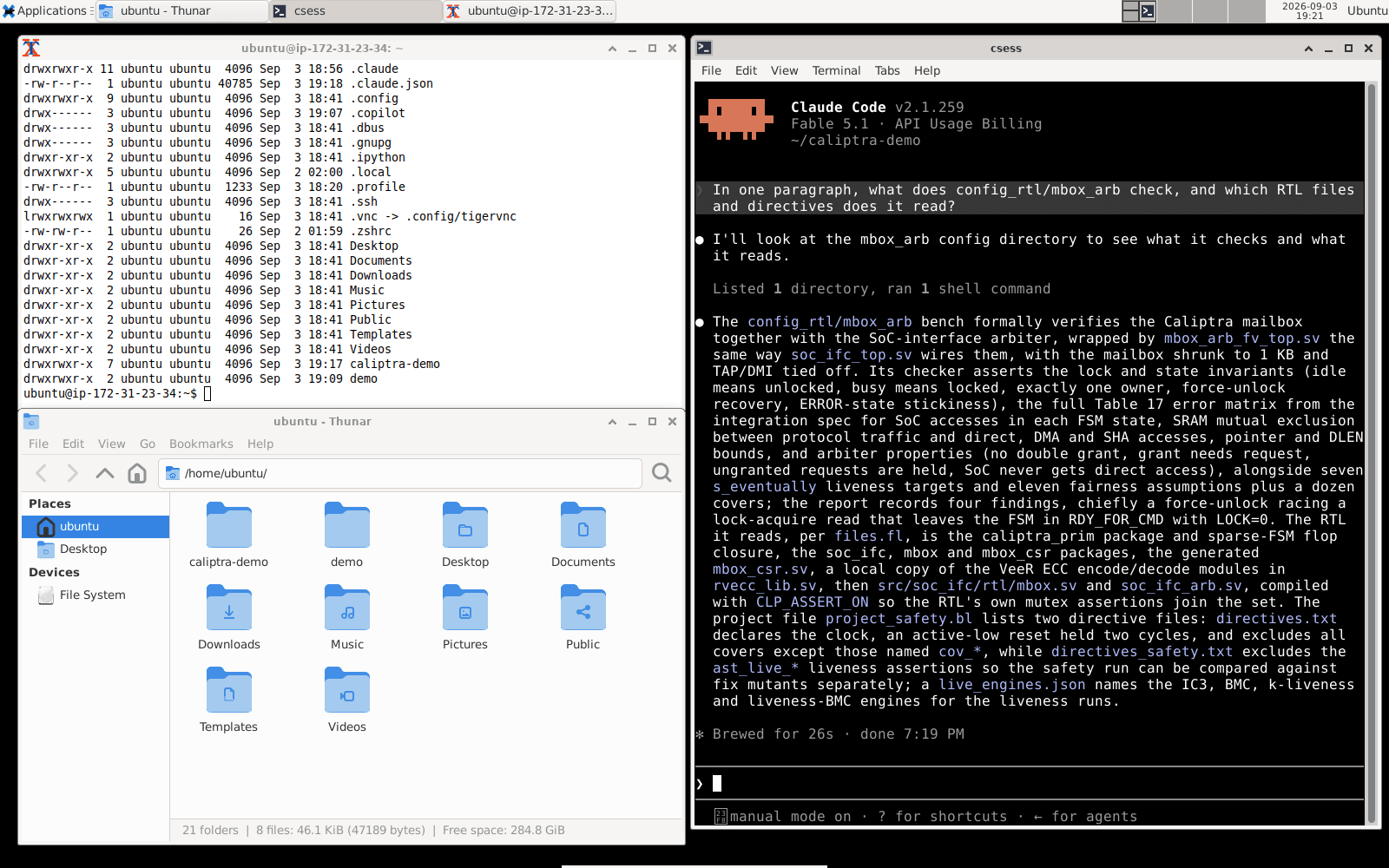 The VNC desktop: a terminal listing the home directory, the file browser open on it, and a Claude Code session running alongside
